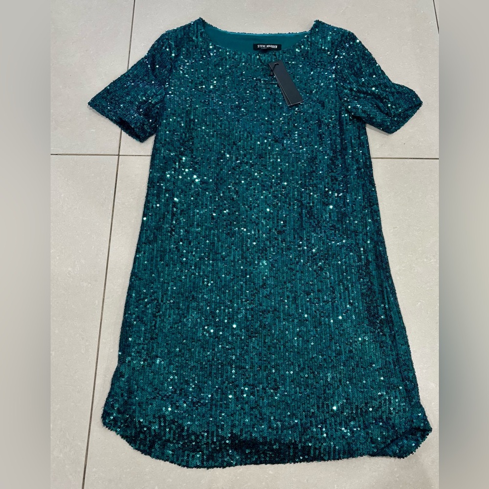 Steve Madden Girls' Teal Sequin Short-Sleeve Dress